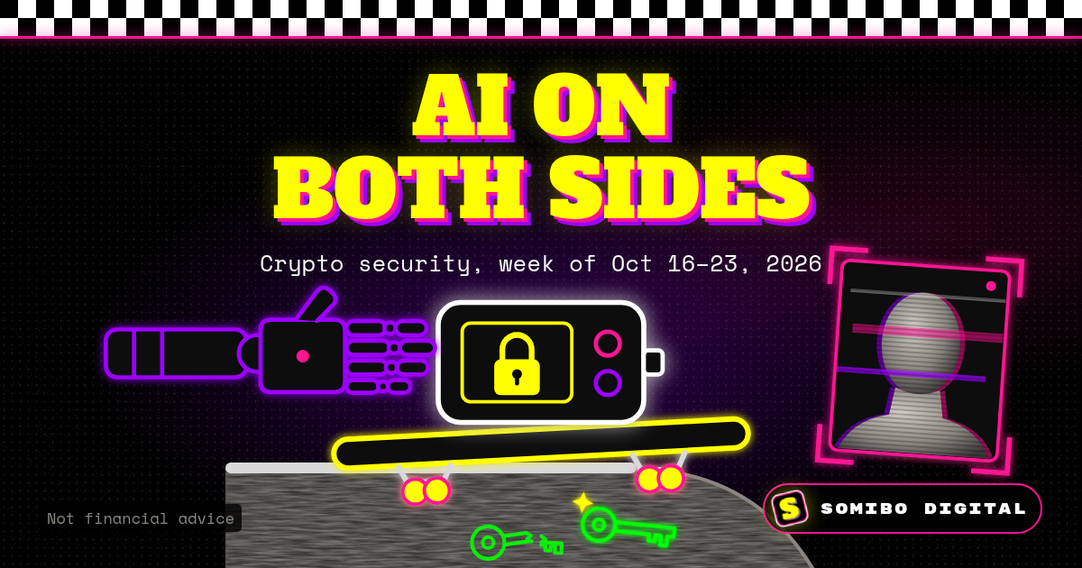 Neon illustration headlined AI ON BOTH SIDES, with the line Crypto security, week of Oct 16–23, 2026: a purple robotic hand reaches for a padlocked hardware wallet riding a skateboard over a concrete skate ramp, two green keys lie below, a glitching faceless mannequin portrait sits in a pink frame, under a black-and-white checkerboard stripe with a Somibo Digital badge